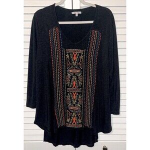 CAITE Embroidered Top Dark Gray Blue Orange Hi-Low 3/4 Sleeve Women’s Size XXL